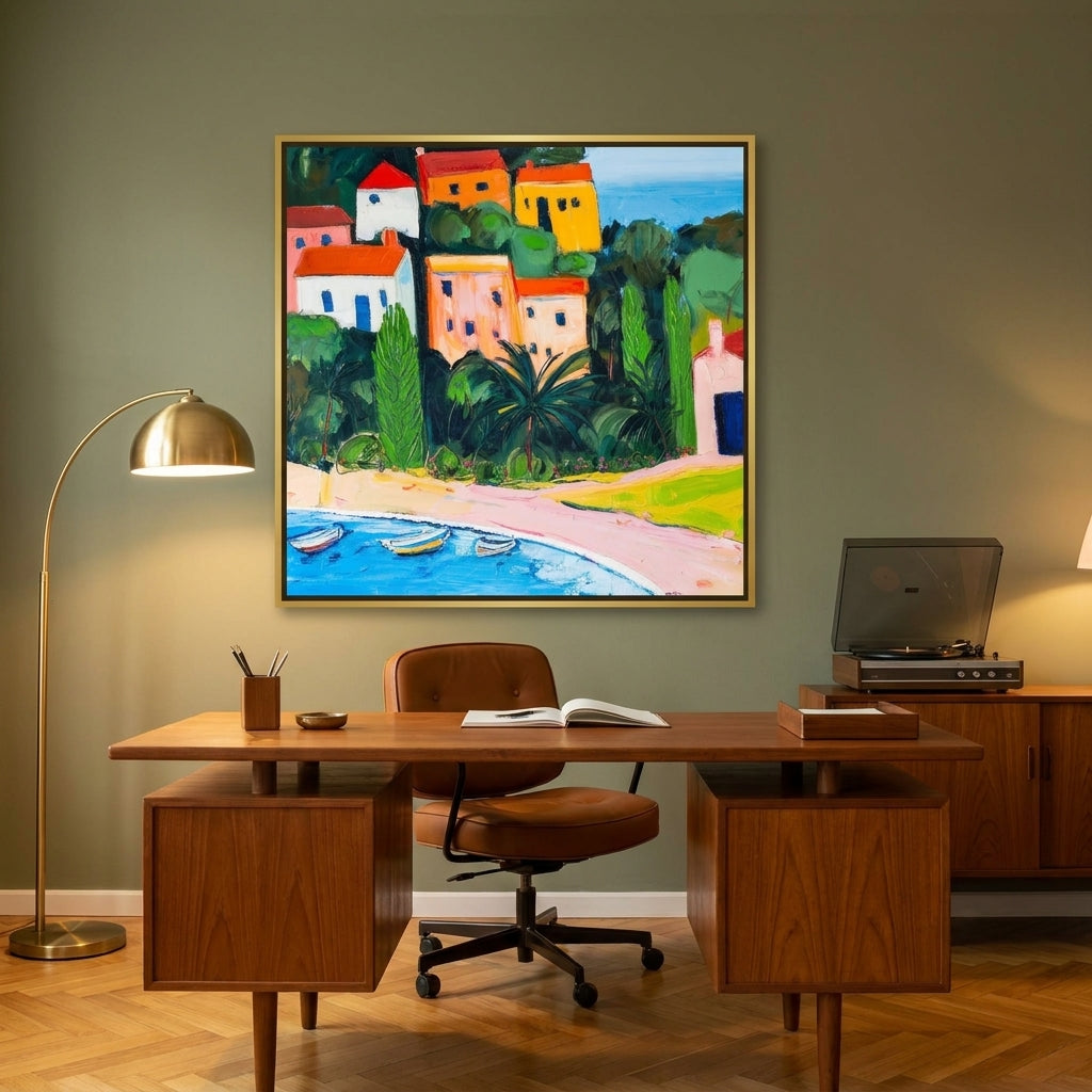 Canvas wall art with a gold leaf surround styled on the wall in a mid-century home office