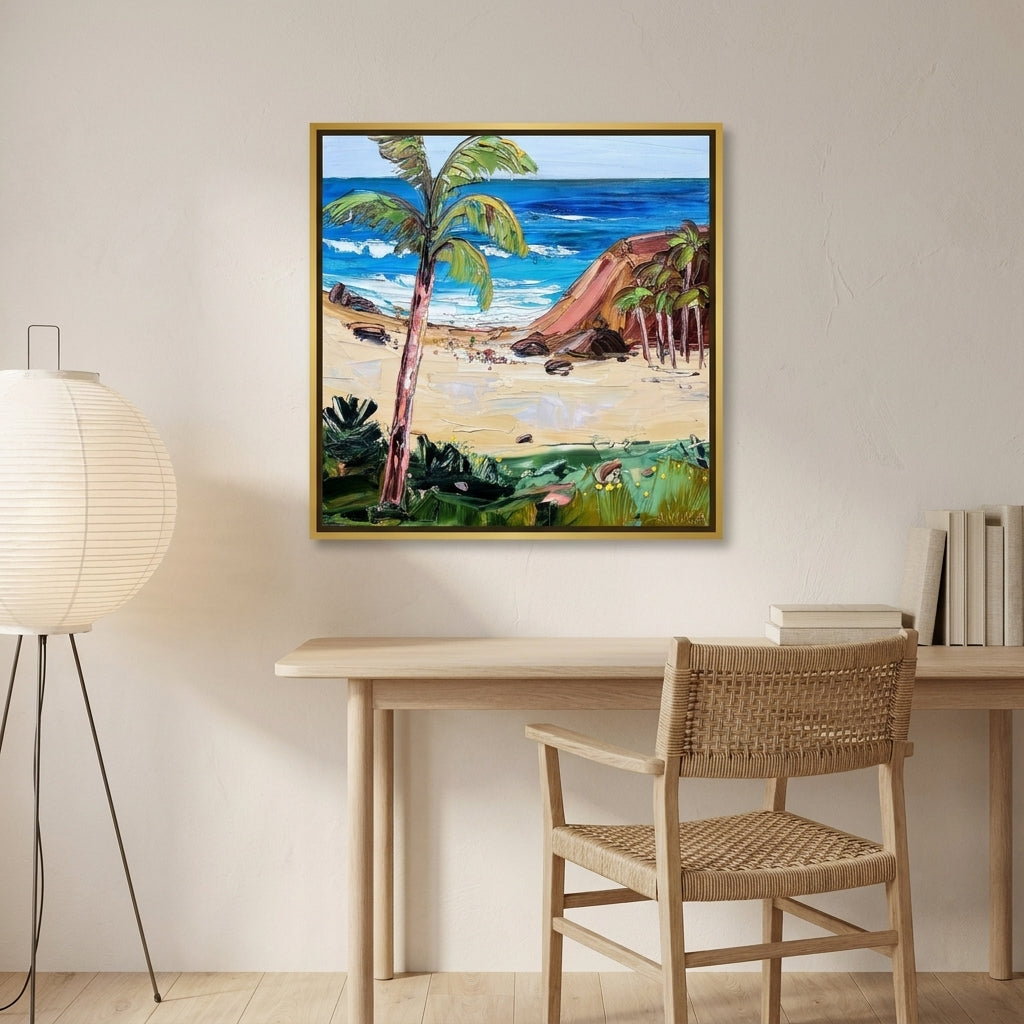 Canvas wall art with a gold leaf surround styled on the wall in a warm Japandi home office