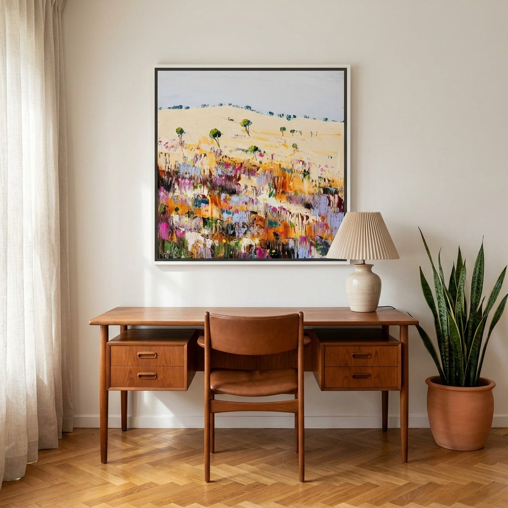 Canvas wall art with a white surround styled on the wall in a mid-century home office