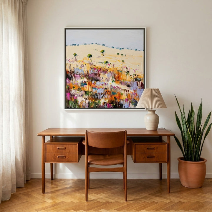 Canvas wall art with a white surround styled on the wall in a mid-century home office