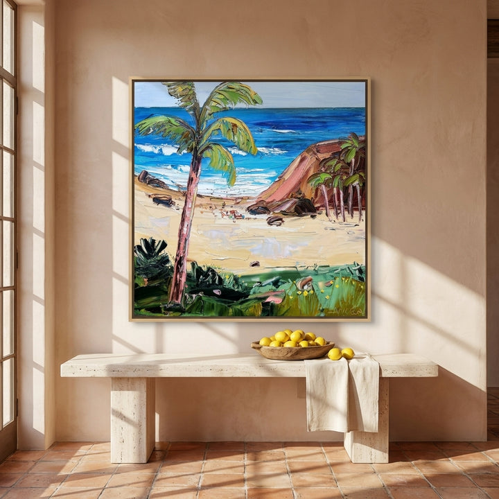 Oversized statement canvas wall art with a natural timber surround styled on the wall in a Mediterranean living room