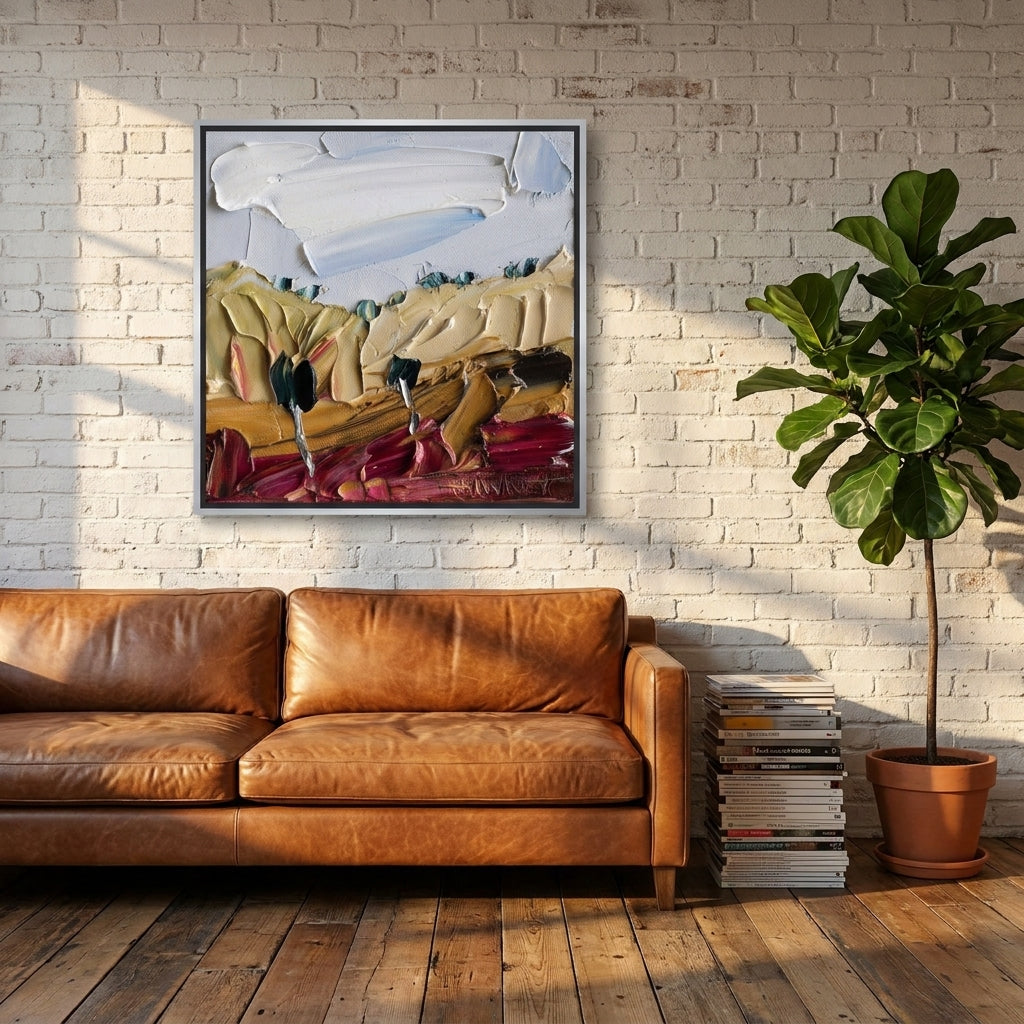 Canvas wall art with a silver leaf surround styled on the wall in an industrial loft living room