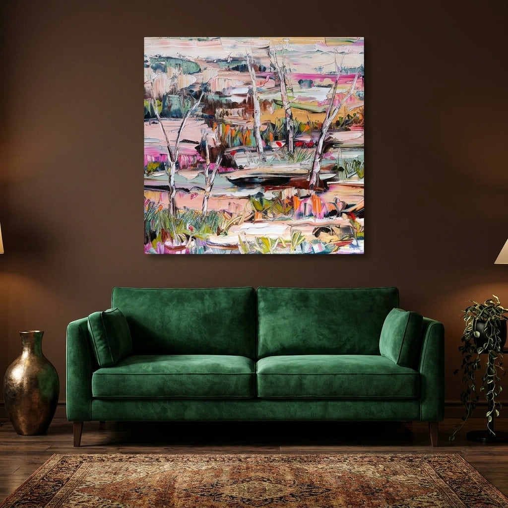 Stretched canvas wall art styled on the wall in a moody living room