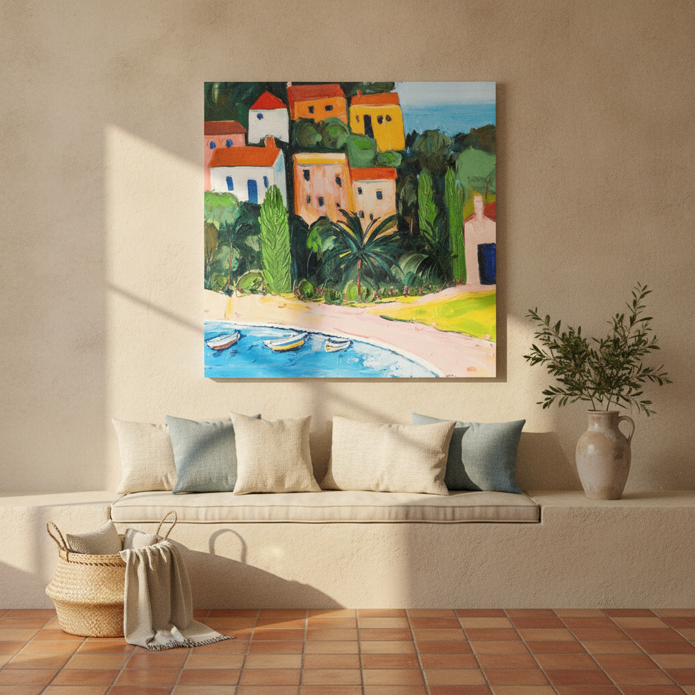 Stretched canvas wall art styled on the wall in a Mediterranean living room