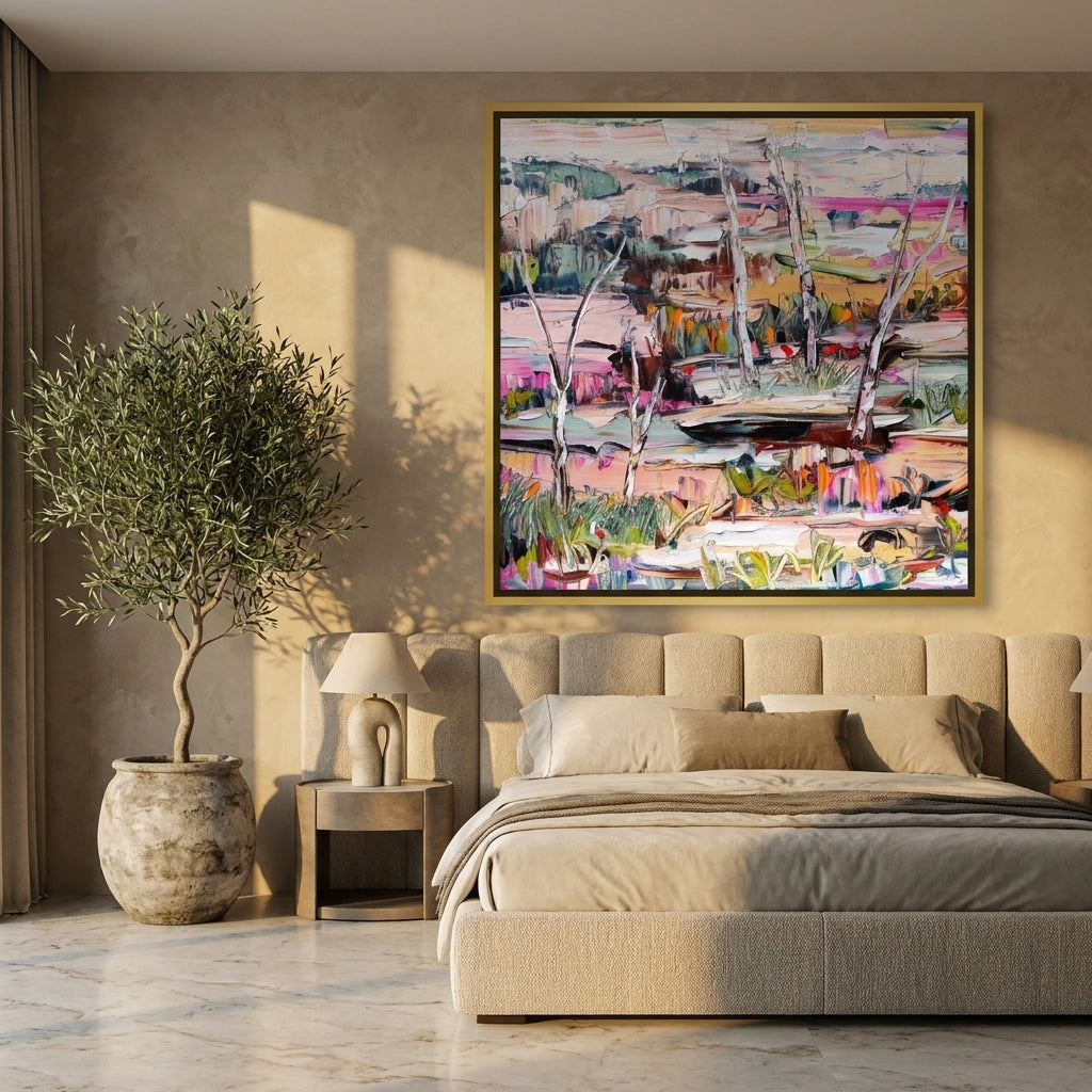 Oversized statement canvas wall art with a gold leaf surround styled on the wall in a luxe bedroom