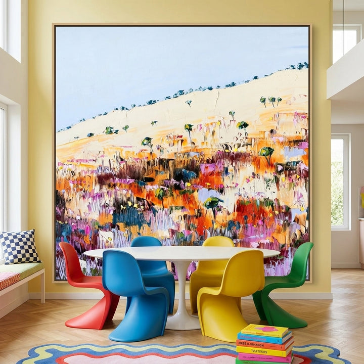 Oversized statement canvas wall art with a natural timber surround styled on the wall in a colourful eclectic dining room