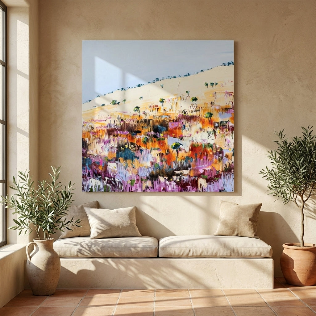Stretched canvas wall art styled on the wall in a Mediterranean living room
