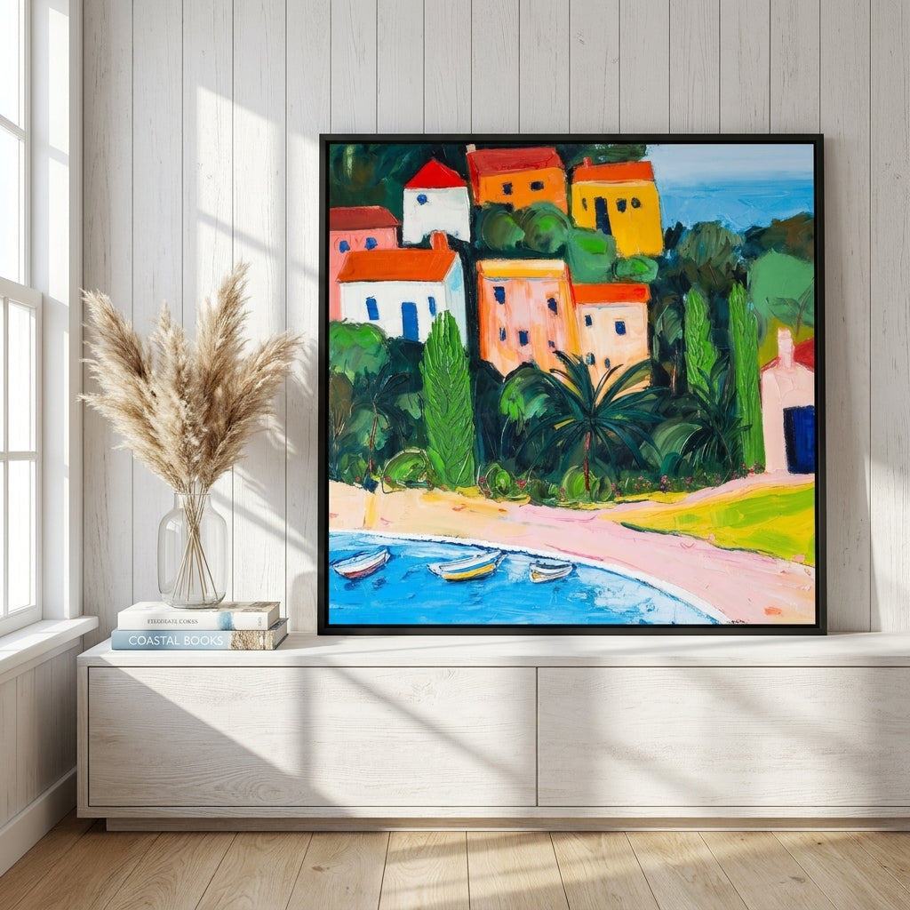 Canvas wall art with a black surround standing on a console in a coastal bedroom