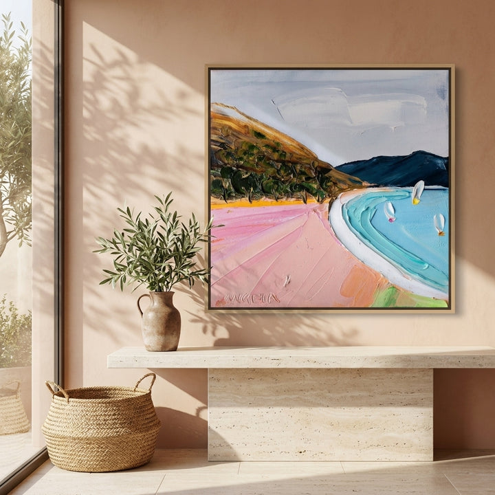 Oversized statement canvas wall art with a natural timber surround styled on the wall in a Mediterranean living room