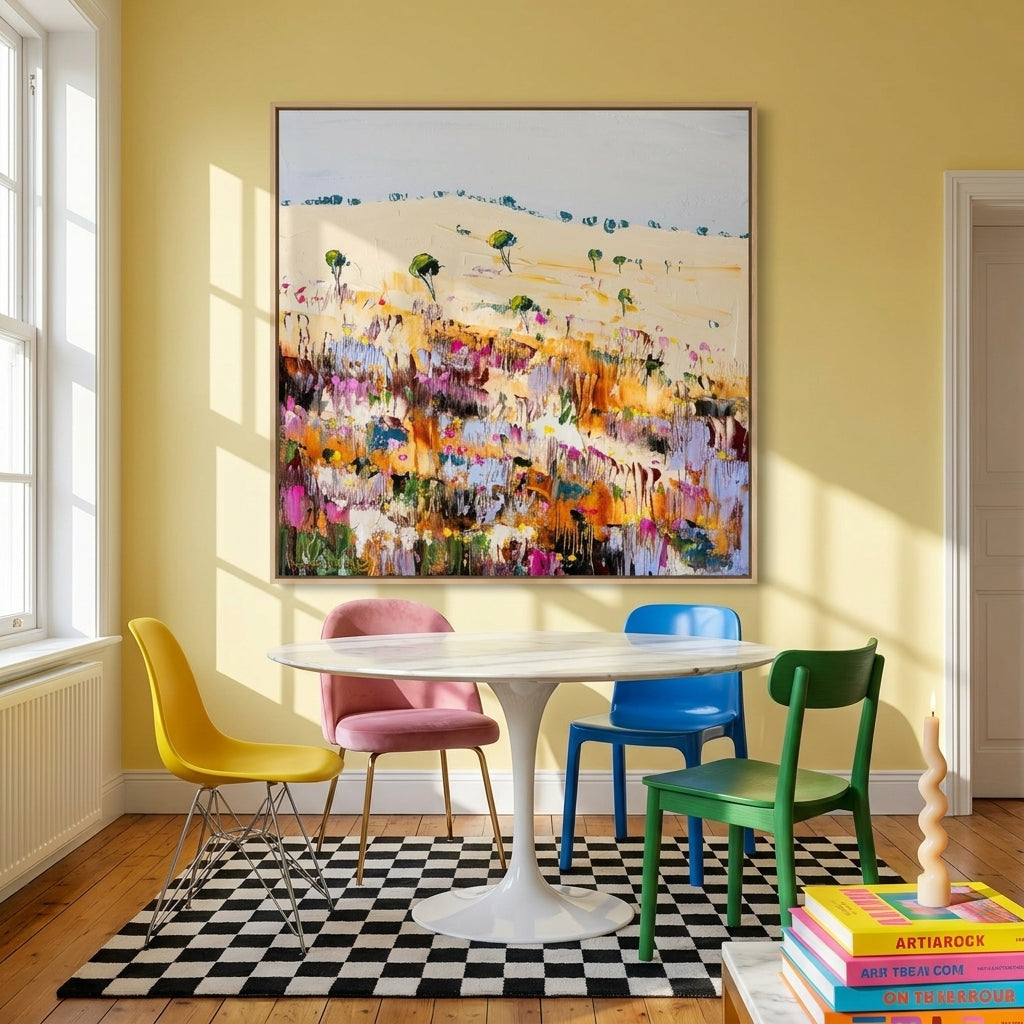 Oversized statement canvas wall art with a natural timber surround styled on the wall in a colourful eclectic dining room
