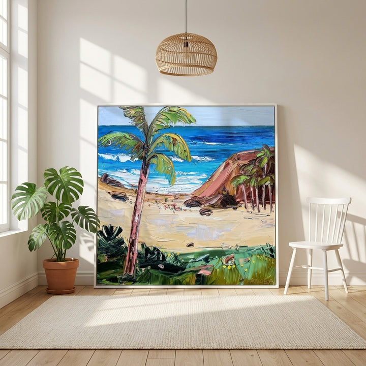 Oversized statement canvas wall art with a white surround leaning against the wall in a bright Scandinavian dining room