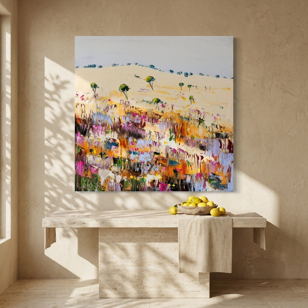 Stretched canvas wall art styled on the wall in a Mediterranean living room