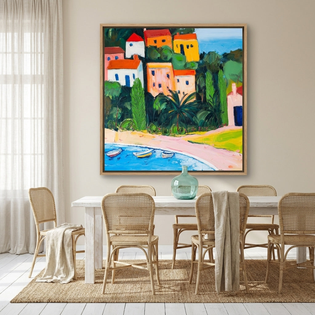 Oversized statement canvas wall art with a natural timber surround styled on the wall in a coastal dining room