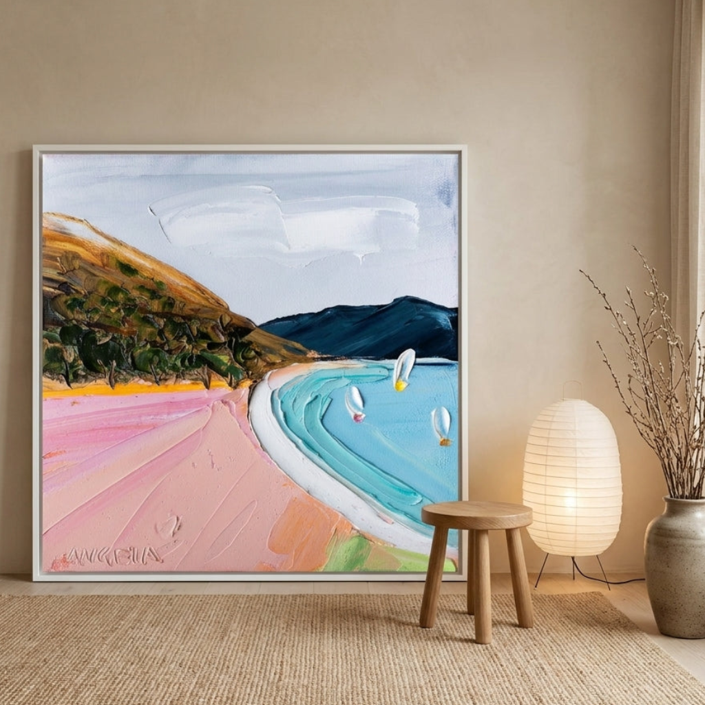 Oversized statement canvas wall art with a white surround leaning against the wall in a warm Japandi dining room
