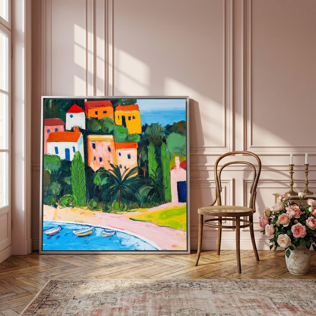 Oversized statement canvas wall art with a silver leaf surround leaning against the wall in a Parisian living room