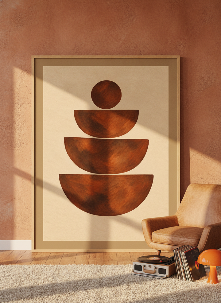 Oversized statement modern wall art print leaning against the wall in a retro 70s dining room