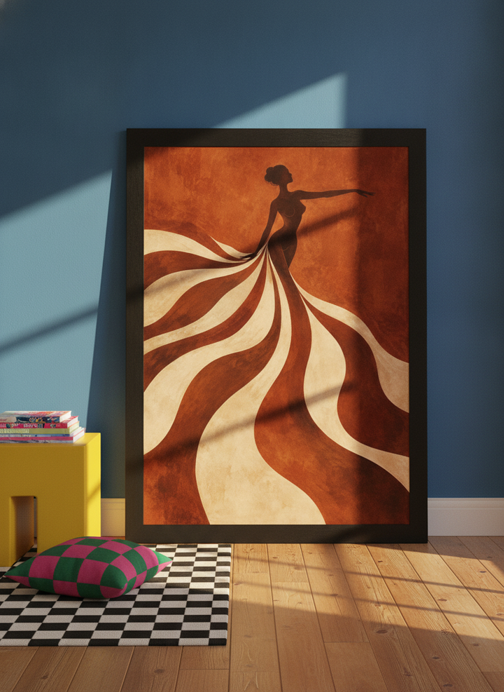 Oversized statement modern wall art print leaning against the wall in a colourful eclectic dining room