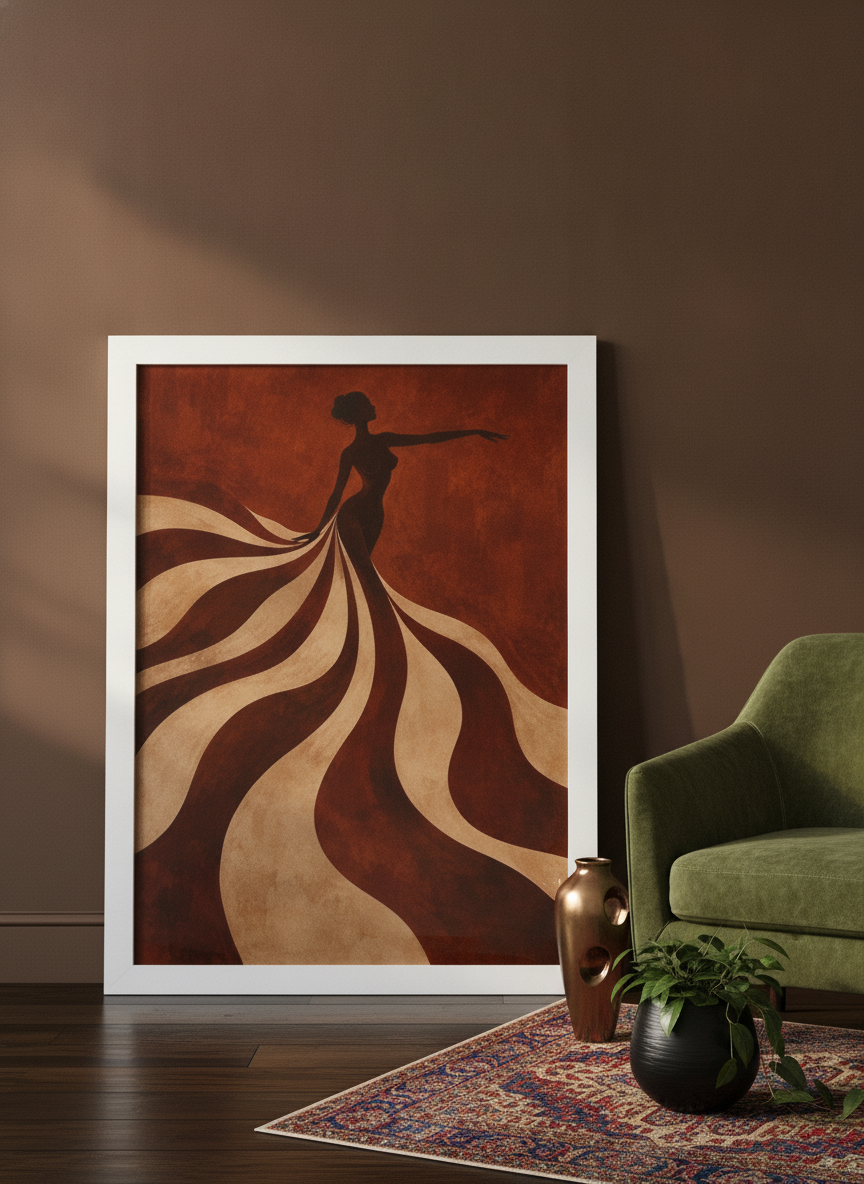 Modern wall art print leaning against the wall in a moody living room