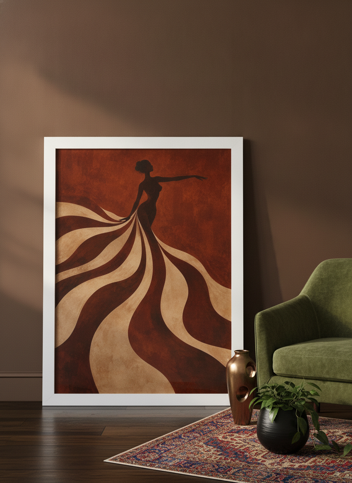 Modern wall art print leaning against the wall in a moody living room