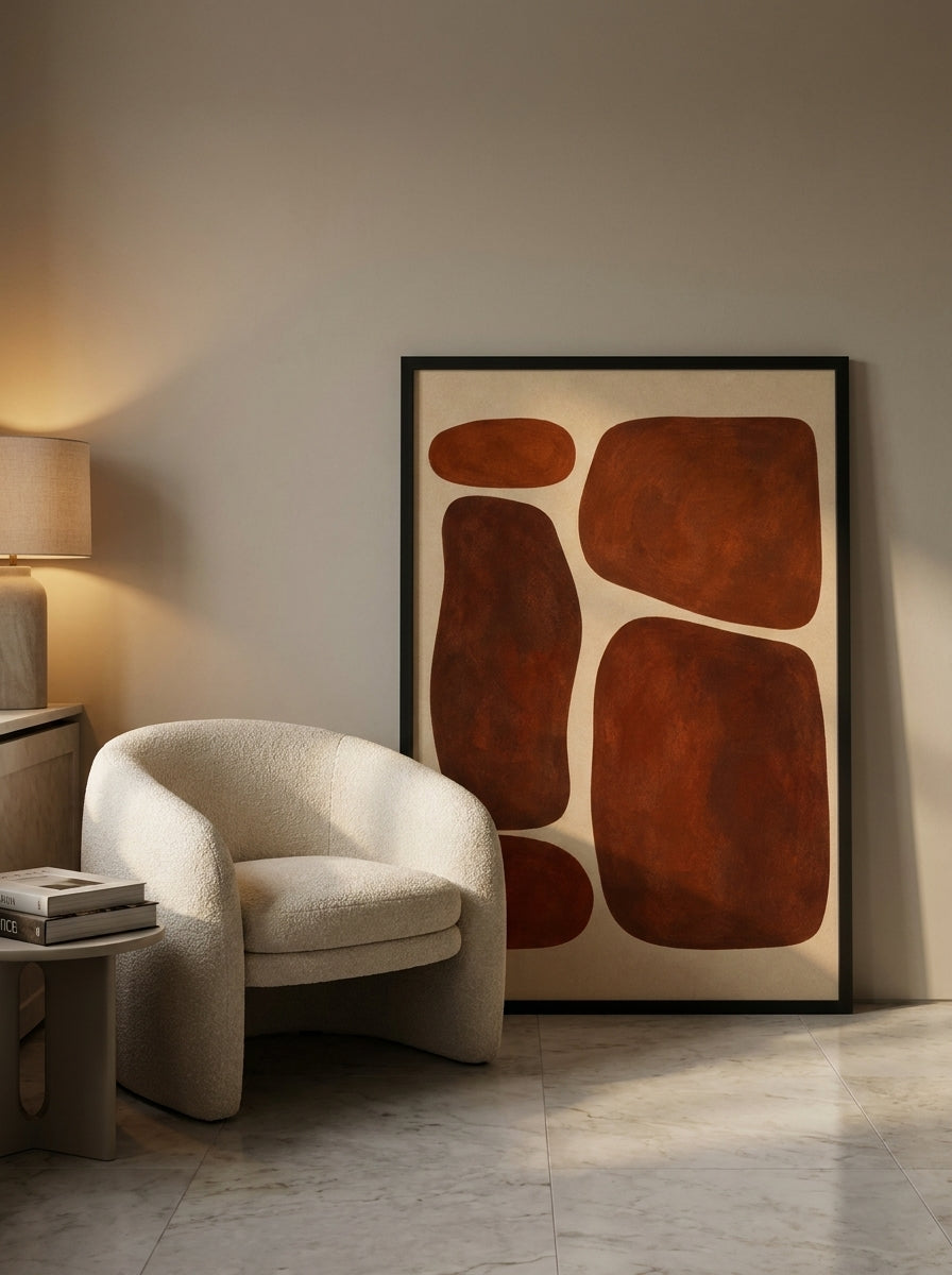 Modern wall art print leaning against the wall in a luxe dining room