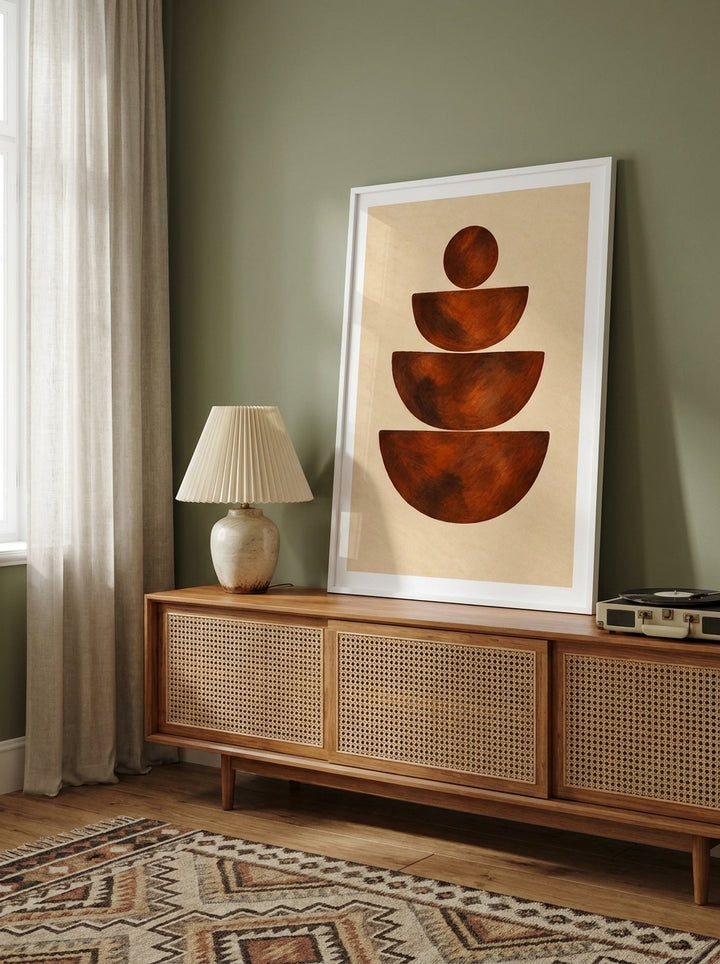 Modern wall art print standing on a sideboard in a mid-century home office