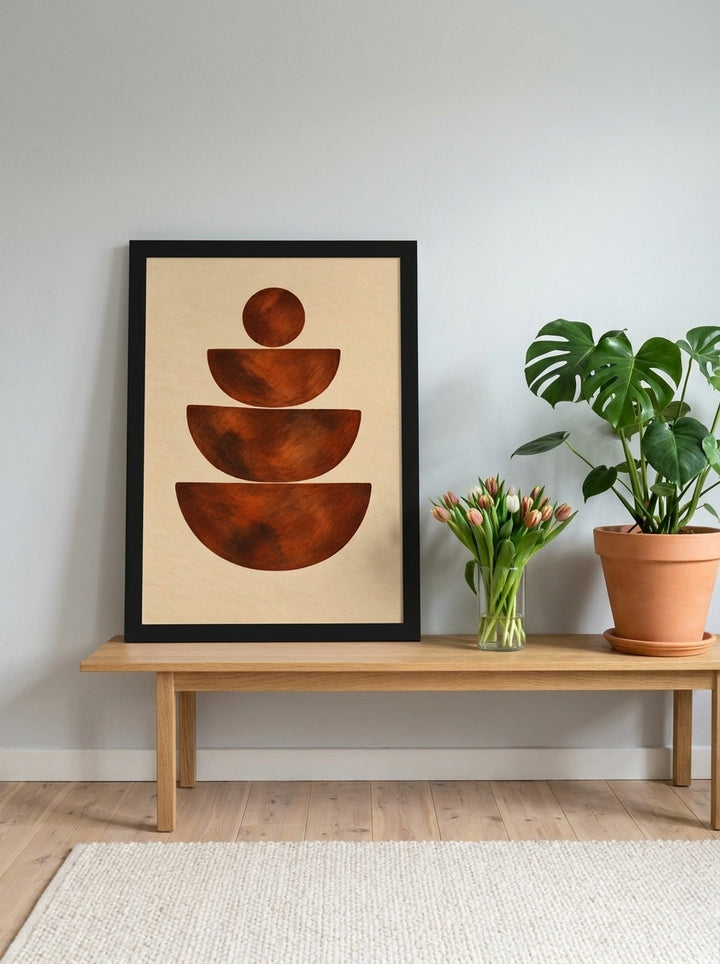 Modern wall art print standing on a bench in a bright Scandinavian living room
