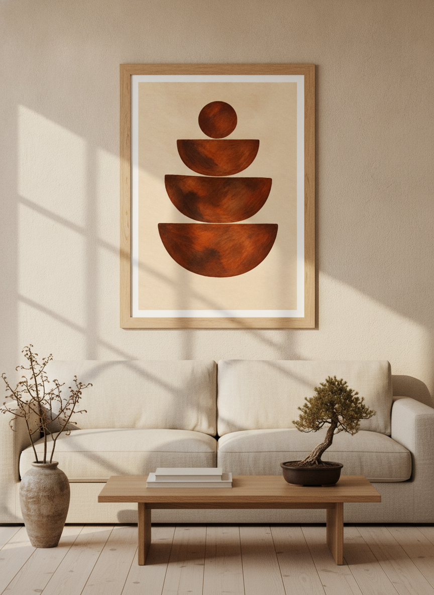 Modern wall art print styled on the wall in a warm Japandi living room