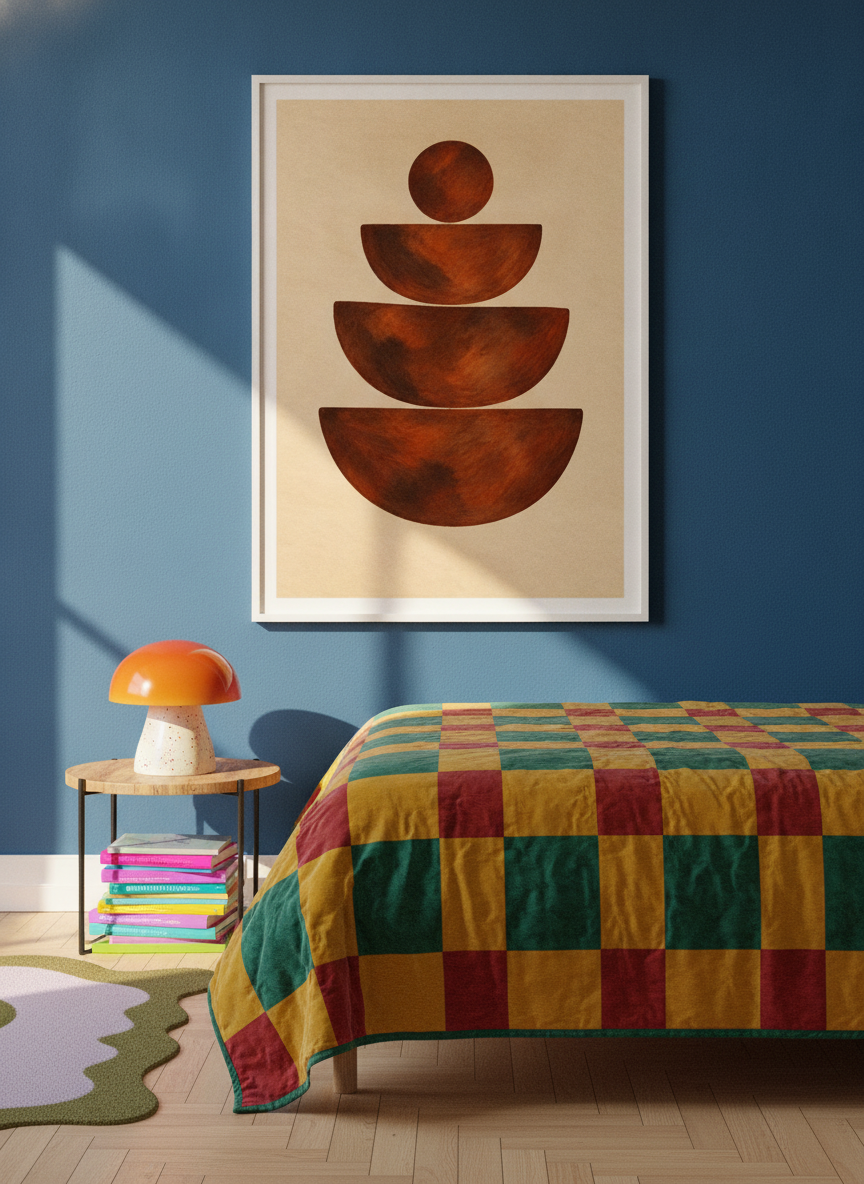 Modern wall art print styled on the wall in a colourful eclectic bedroom