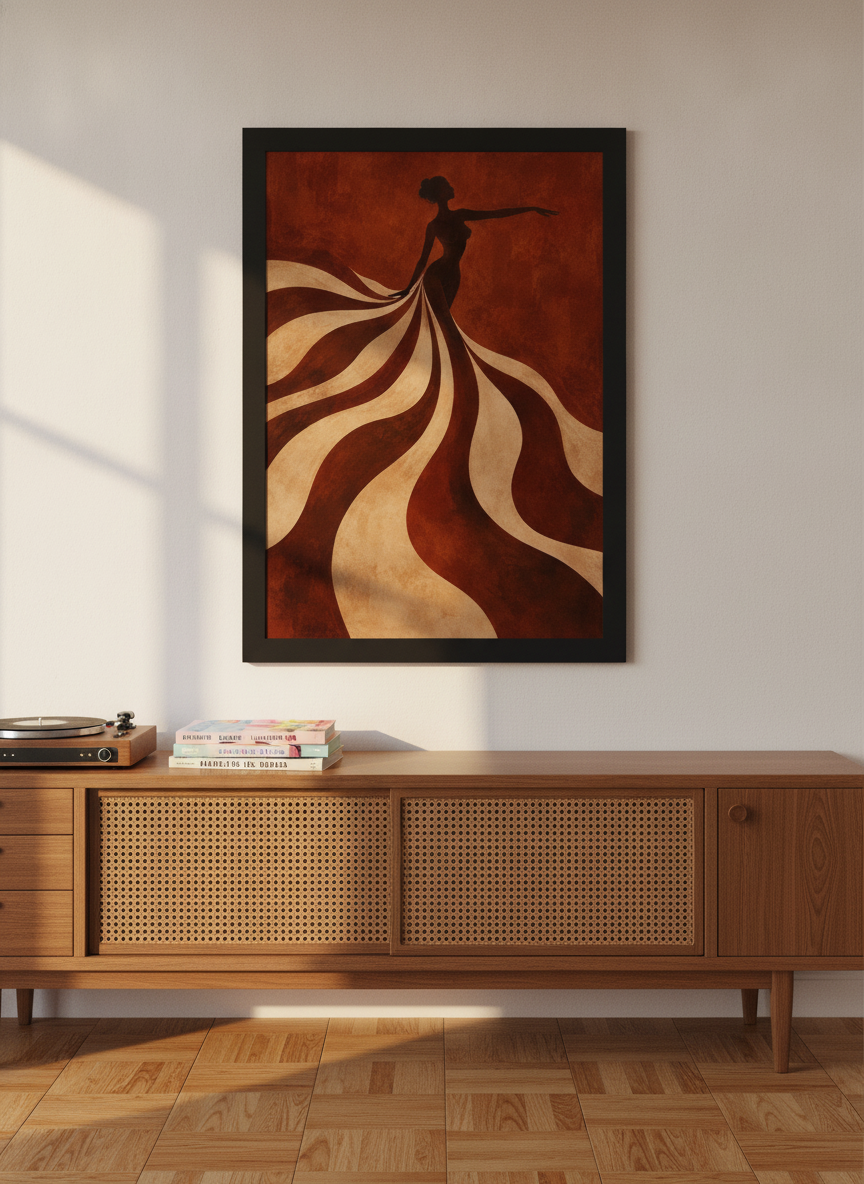 Modern wall art print standing on a sideboard in a mid-century bedroom