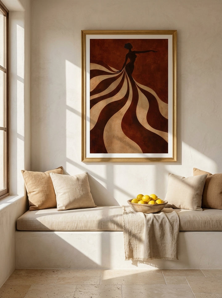 Modern wall art print styled on the wall in a Mediterranean living room