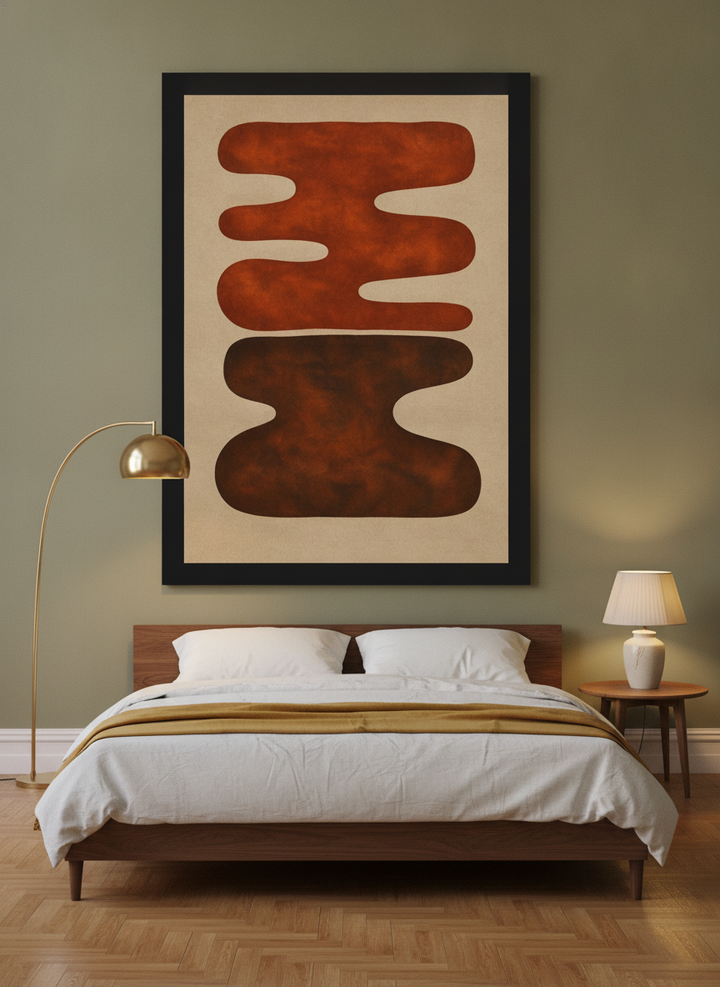 Oversized statement modern wall art print styled on the wall in a mid-century bedroom