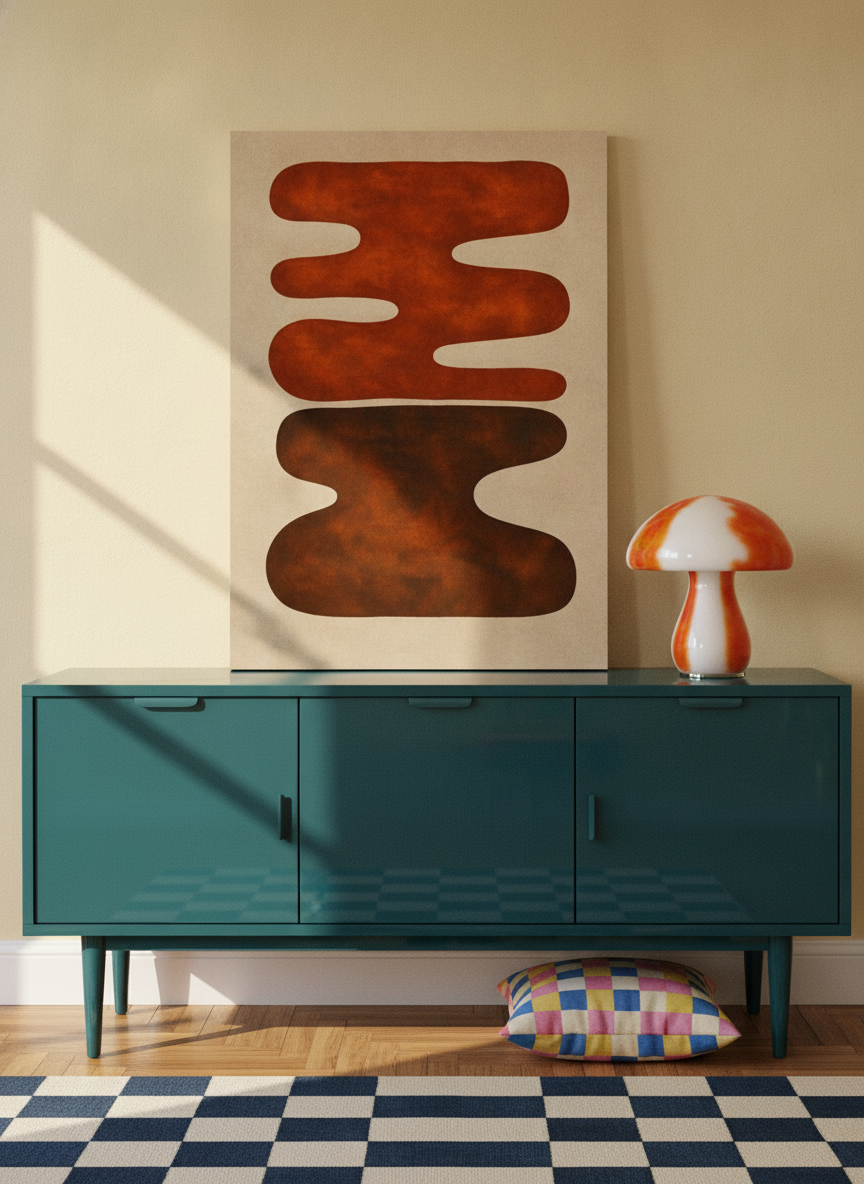 Stretched canvas wall art standing on a sideboard in a colourful eclectic home office