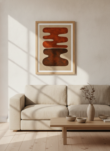 Modern wall art print styled on the wall in a warm Japandi living room