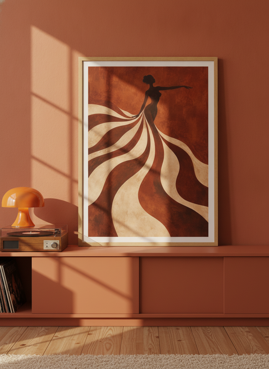 Modern wall art print standing on a sideboard in a retro 70s home office