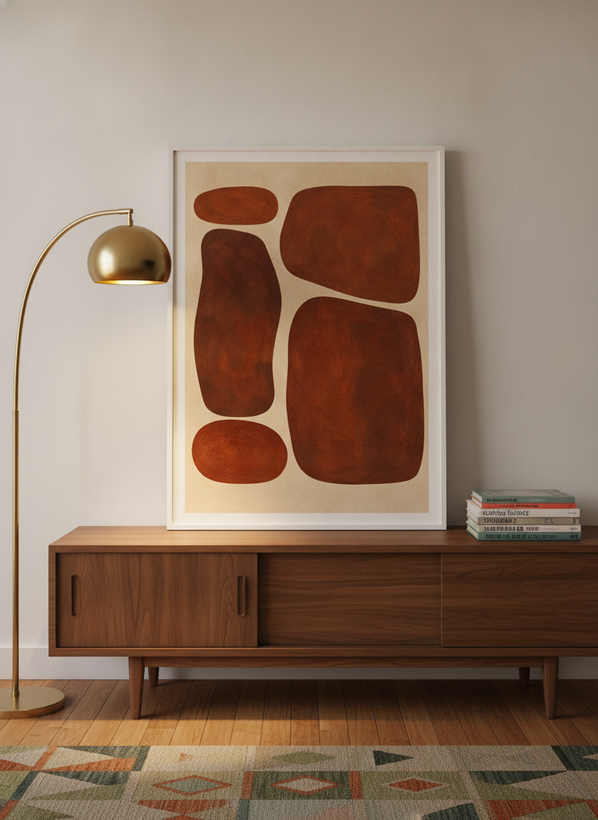 Modern wall art print standing on a sideboard in a mid-century home office