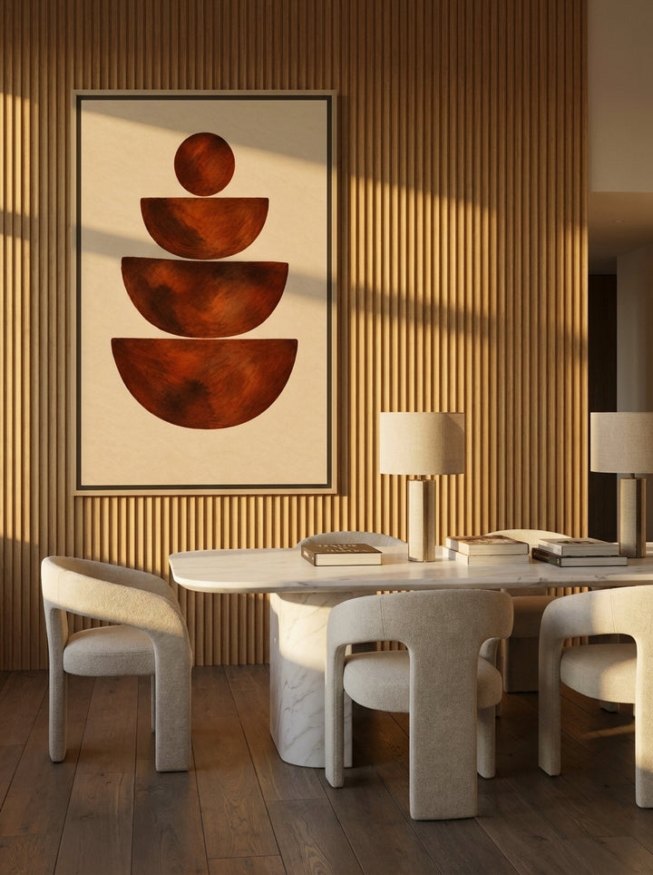 Oversized statement canvas wall art with a natural timber surround styled on the wall in a luxe dining room