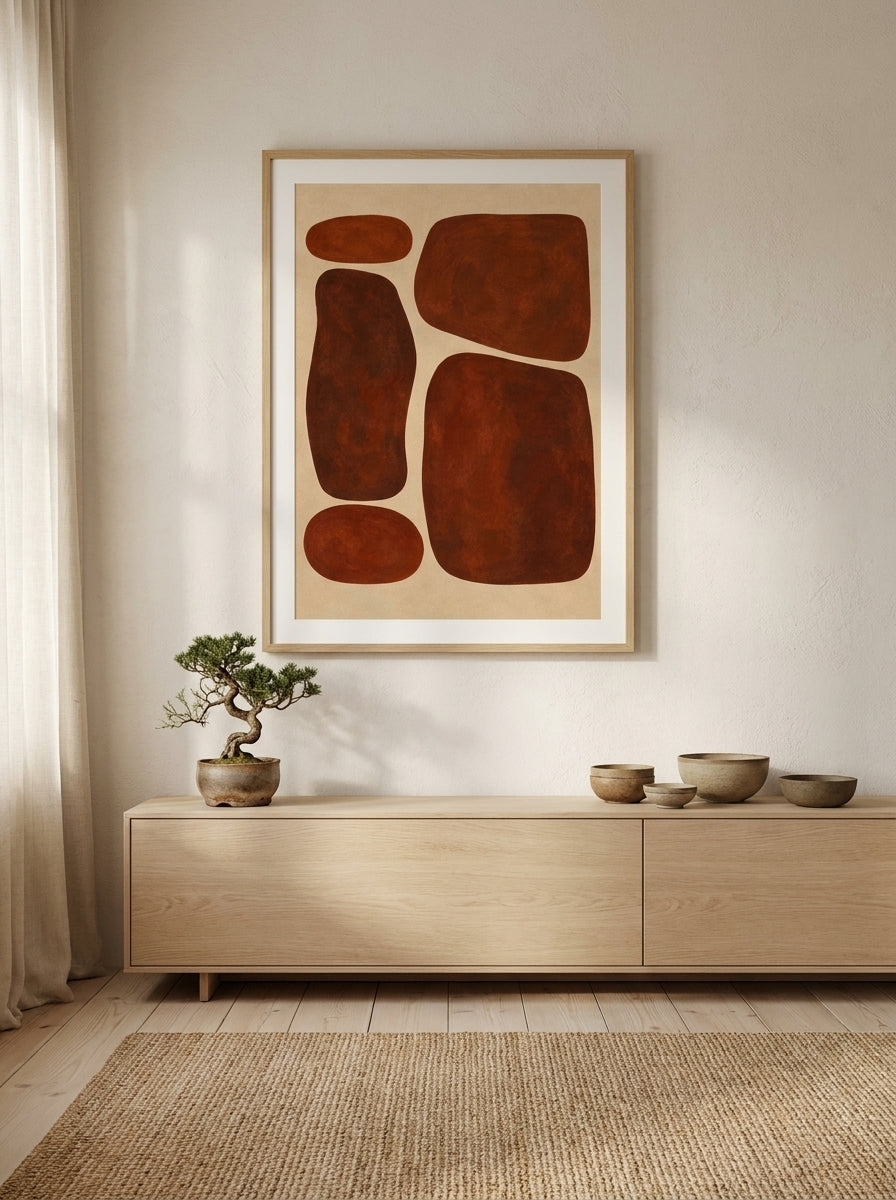 Modern wall art print styled on the wall in a warm Japandi living room