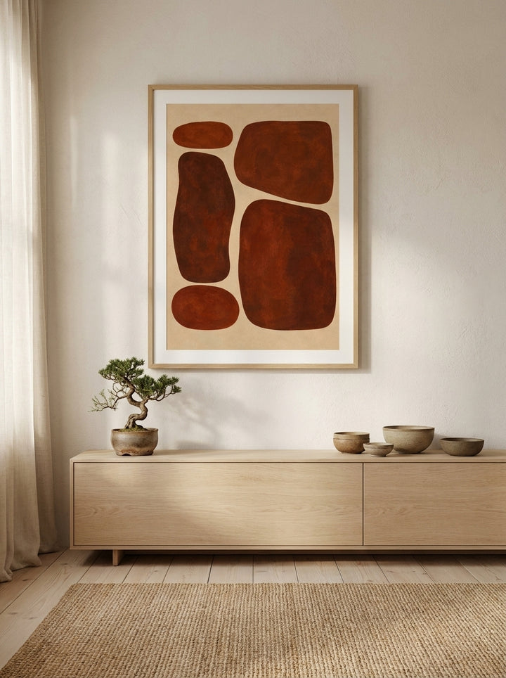 Modern wall art print styled on the wall in a warm Japandi living room