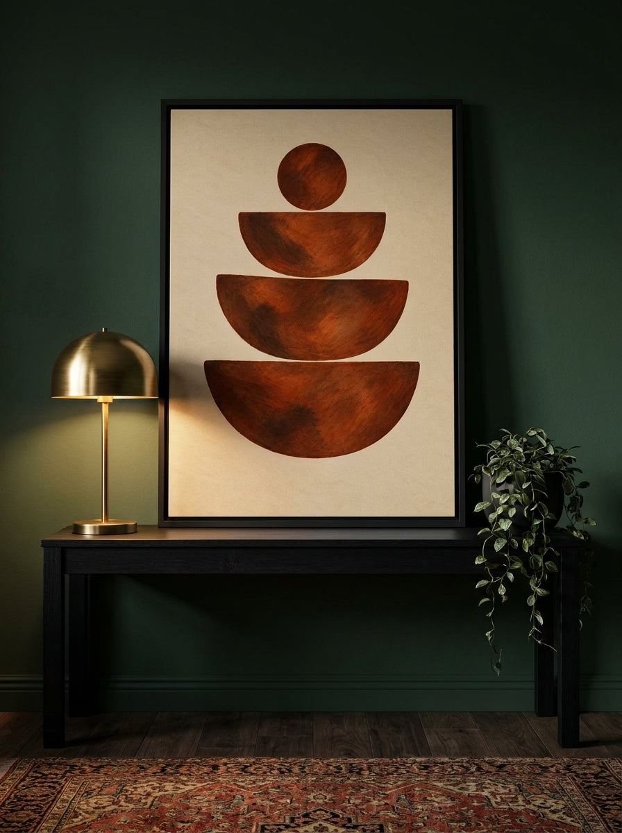 Canvas wall art with a black surround standing on a console in a moody living room