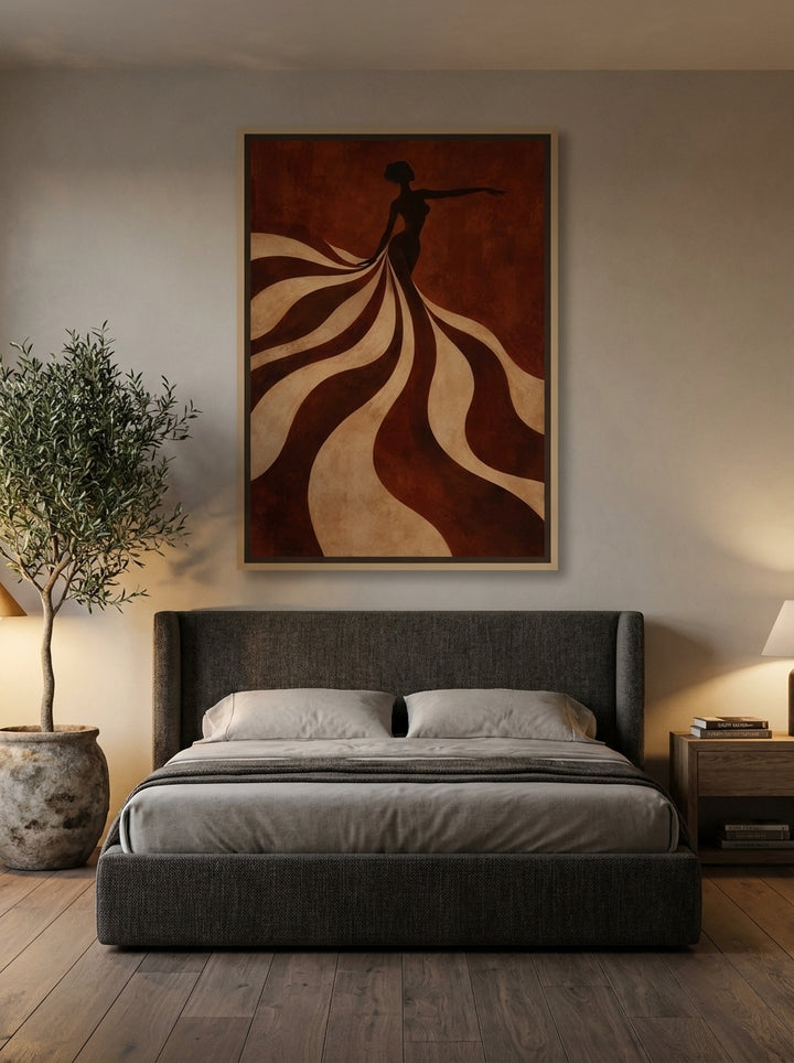 Oversized statement canvas wall art with a natural timber surround styled on the wall in a luxe bedroom
