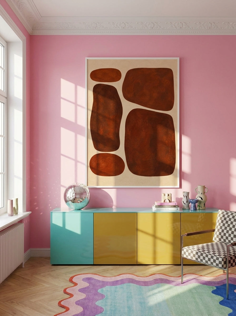 Oversized statement modern wall art print styled on the wall in a colourful eclectic living room
