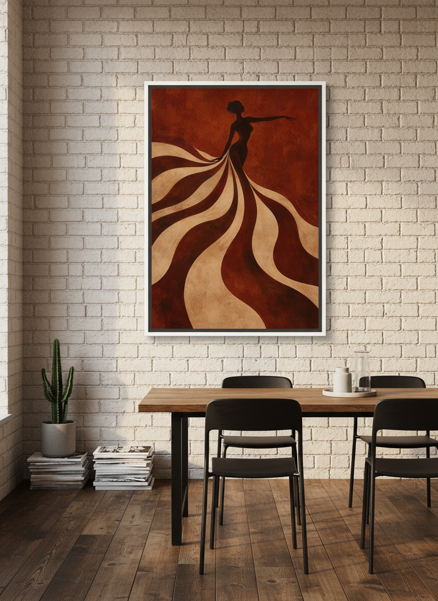 Oversized statement canvas wall art with a white surround styled on the wall in an industrial loft dining room