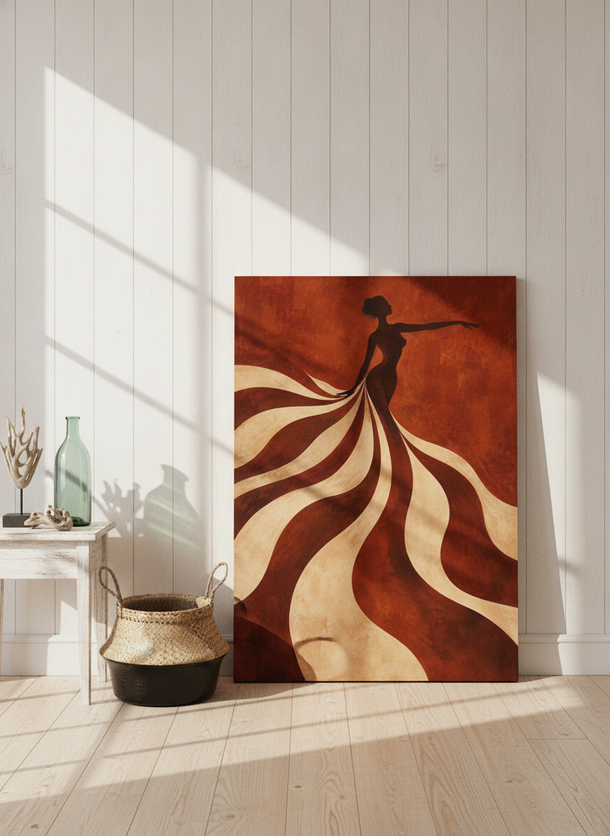 Stretched canvas wall art leaning against the wall in a coastal bedroom