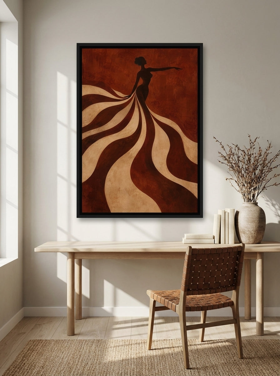 Canvas wall art with a black surround styled on the wall in a warm Japandi home office