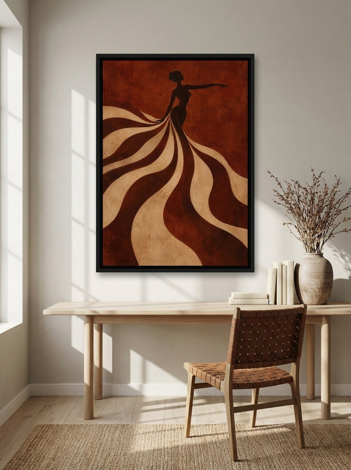 Canvas wall art with a black surround styled on the wall in a warm Japandi home office