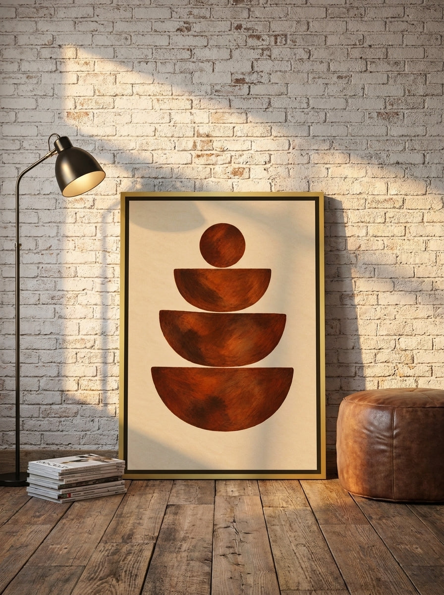 Canvas wall art with a gold leaf surround leaning against the wall in an industrial loft home office