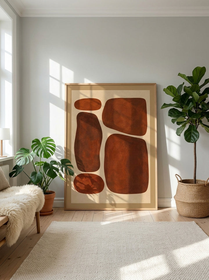 Oversized statement modern wall art print leaning against the wall in a bright Scandinavian dining room