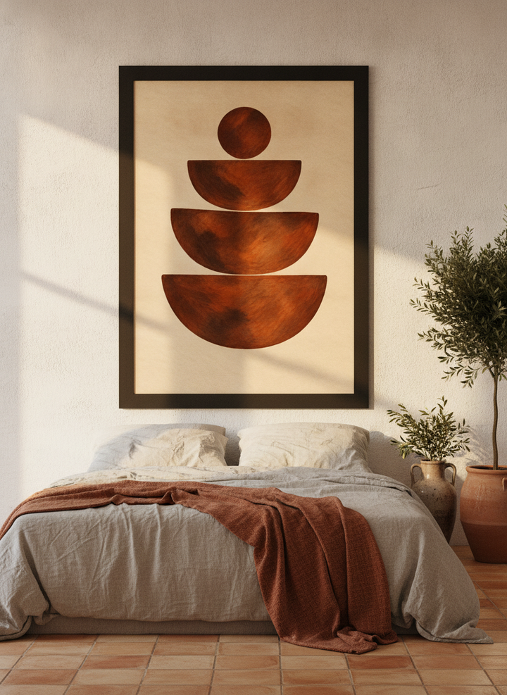 Oversized statement modern wall art print styled on the wall in a Mediterranean bedroom