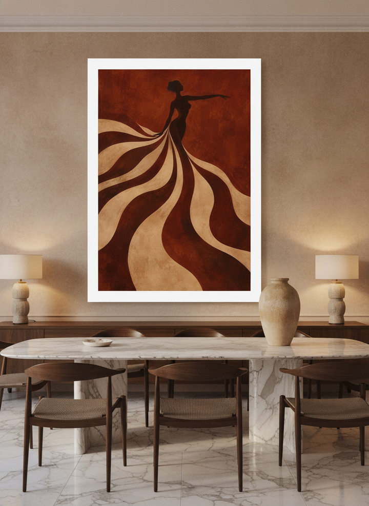 Oversized statement modern wall art print styled on the wall in a luxe dining room