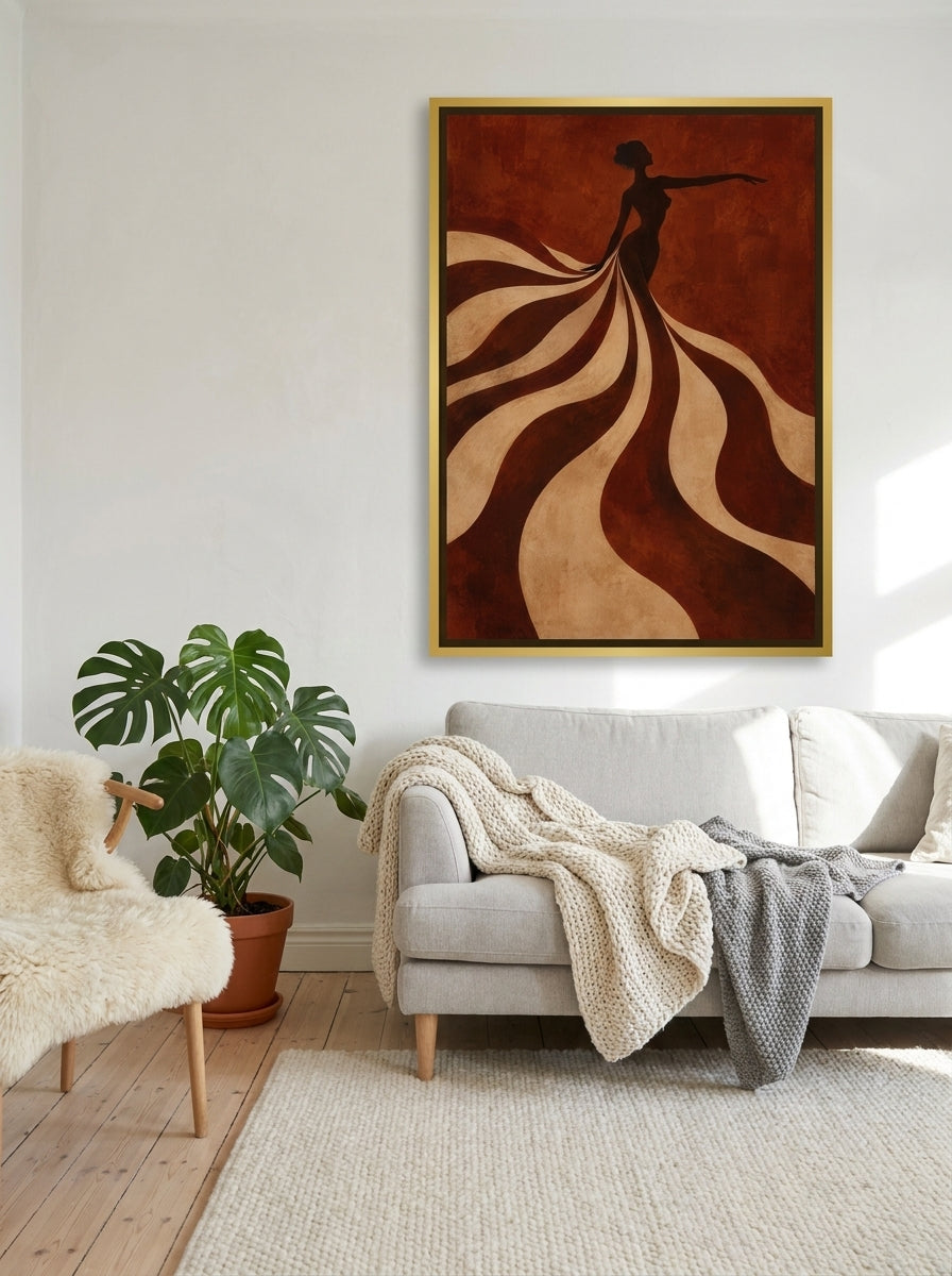 Canvas wall art with a gold leaf surround styled on the wall in a bright Scandinavian living room